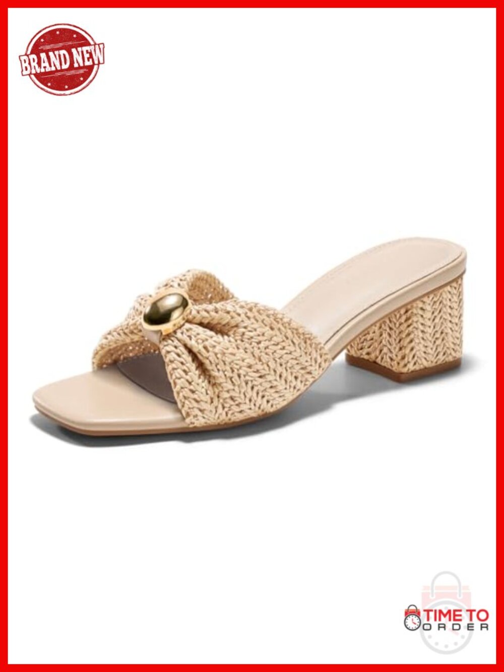 Raffia Low Chunky Block Heel Slide Sandals Square Open Toe Women's Dressy